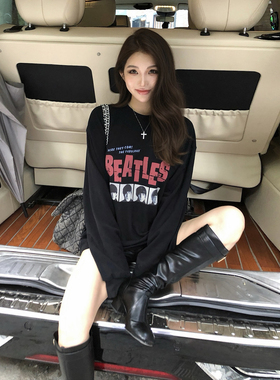 PickRui 睿哥 慵懒tag 前后印花磨毛T恤女秋季新款百搭休闲上衣