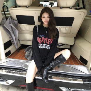 PickRui 睿哥 慵懒tag 前后印花磨毛T恤女秋季新款百搭休闲上衣