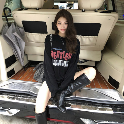 PickRui 睿哥 慵懒tag 前后印花磨毛T恤女秋季新款百搭休闲上衣