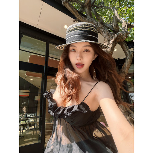 PickRui睿哥 心动美学木耳边黑色雪纺吊带背心女夏季新款无袖上衣