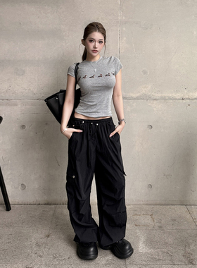 PickRui 睿哥 酷女孩本命美式复古黑色工装裤2025新款宽松休闲裤
