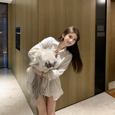 PickRui 睿哥 薄荷奶盖 条纹衬衫套装两件套女2025初秋宽松休闲