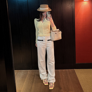 PickRui 睿哥 山茶入梦 甜美小香口袋编织直筒牛仔裤女春宽松休闲