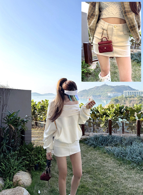 PickRui睿哥 白色闪钻牛仔短裙半身裙女新款高腰包臀裙A字裙百搭