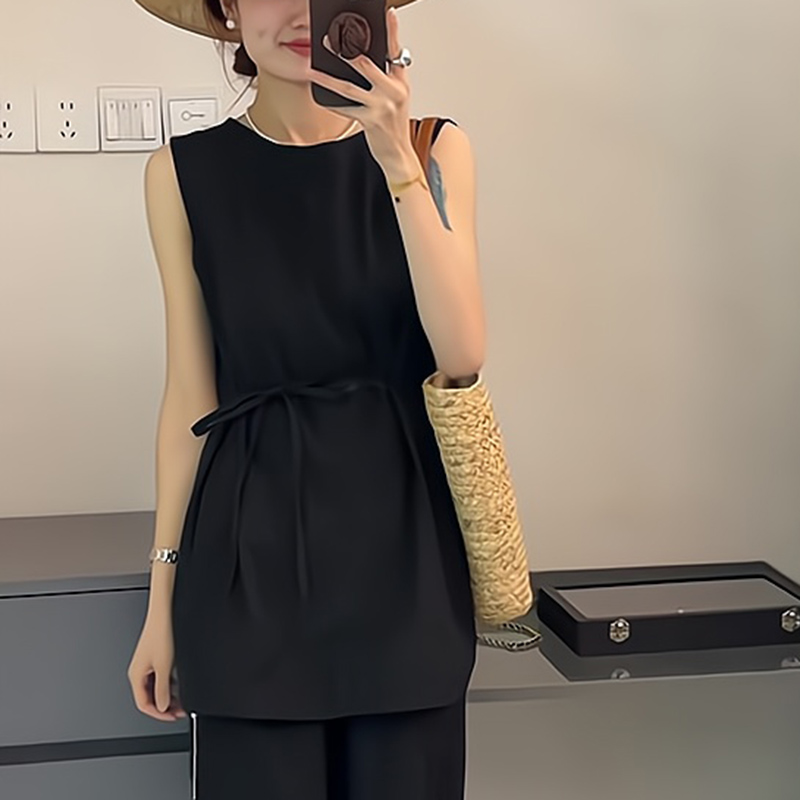 2025夏季新款韩版气质无袖背心上衣女设计感小众系带收腰显瘦衬衫