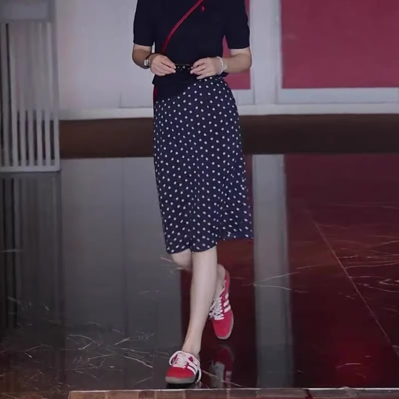 深蓝色印花碎花半身裙女夏季2025新款大尺码胖mm显瘦高腰A字中长