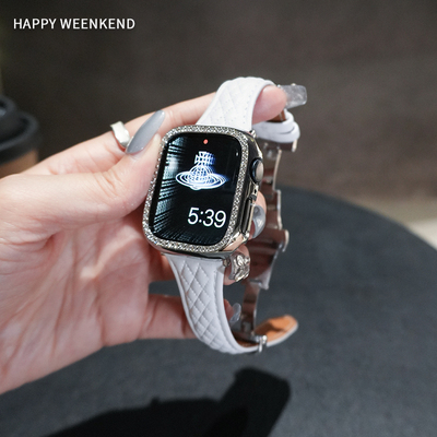 小香风菱格蝴蝶扣表带适用于苹果