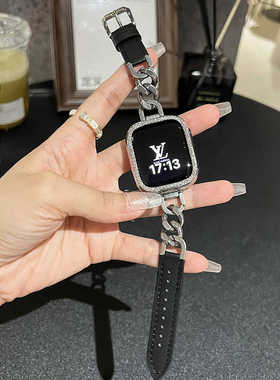 金属链条拼接高级感真皮表带适用于s11applewatch810代苹果手表SE