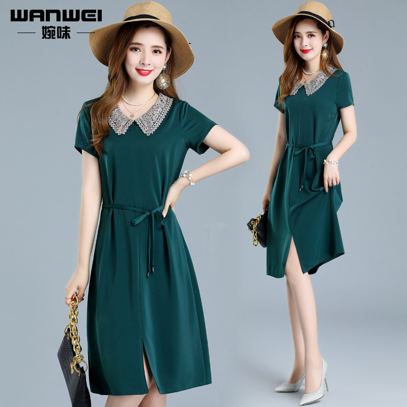 阔太太醋酸缎面连衣裙女夏季2020年新款减龄显瘦中长款娃娃领裙子