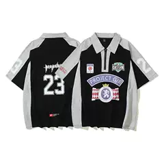 Grailz ins New Niche American Retro Patchwork Football Short-Sleeve T-Shirt Polo Shirt Vibe Style for Men and Women
