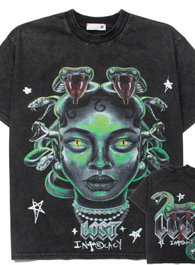 美式高街LOST INTRICACY蛇妖美杜莎西海岸水洗做旧复古短袖T恤潮
