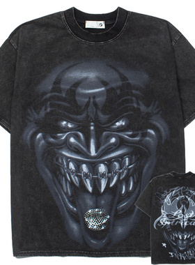 美式高街Lost intricacy复古恶魔獠牙T恤男女水洗做旧宽松短袖潮