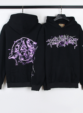 2024美式高街Revenge暗黑系紫色闪电印花连帽加绒卫衣男女帽衫潮