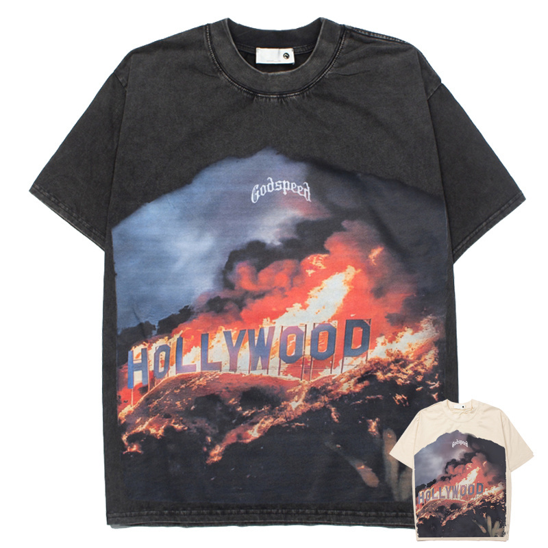 26SS美式高街Hollywood-Inferno-Hoodie洗水做旧青年男女短袖T恤