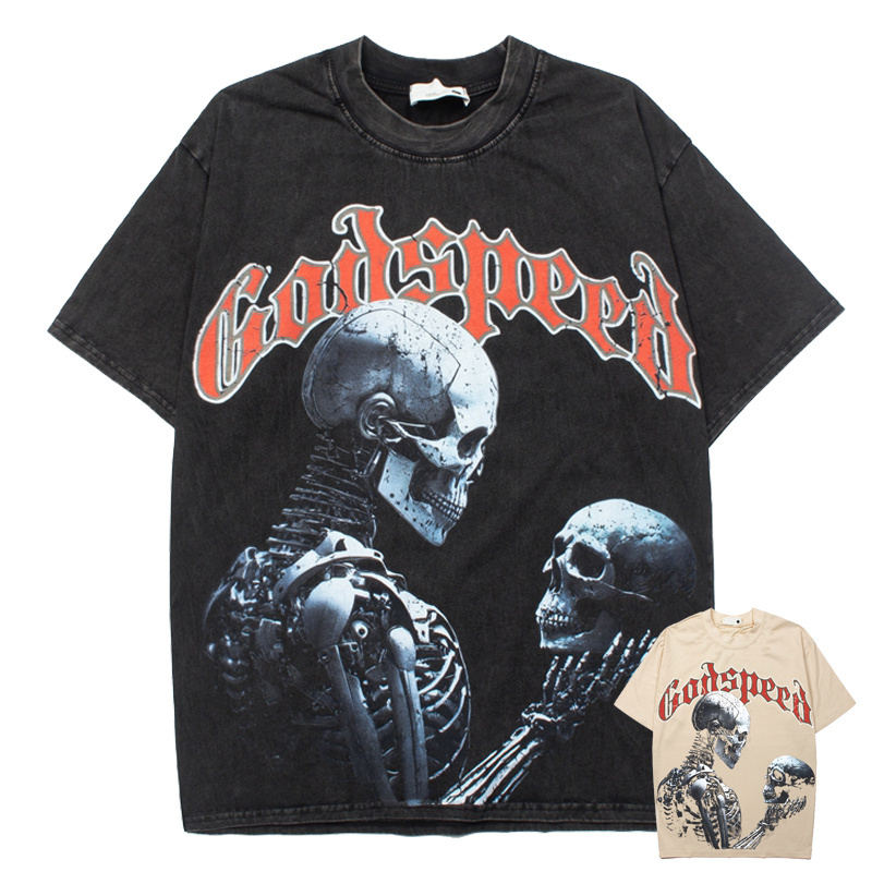 26SS美式高街暗黑系骷髅人印花男女情侣ins复古水洗短袖T恤潮夏