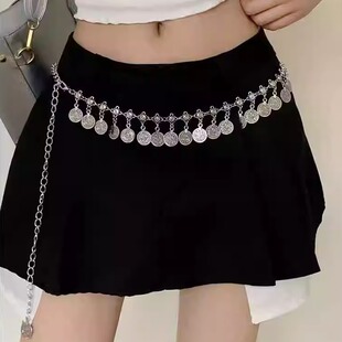 硬币流苏波西米亚yk小众细腰带时尚设计长款收腰裙子金属链条辣妹