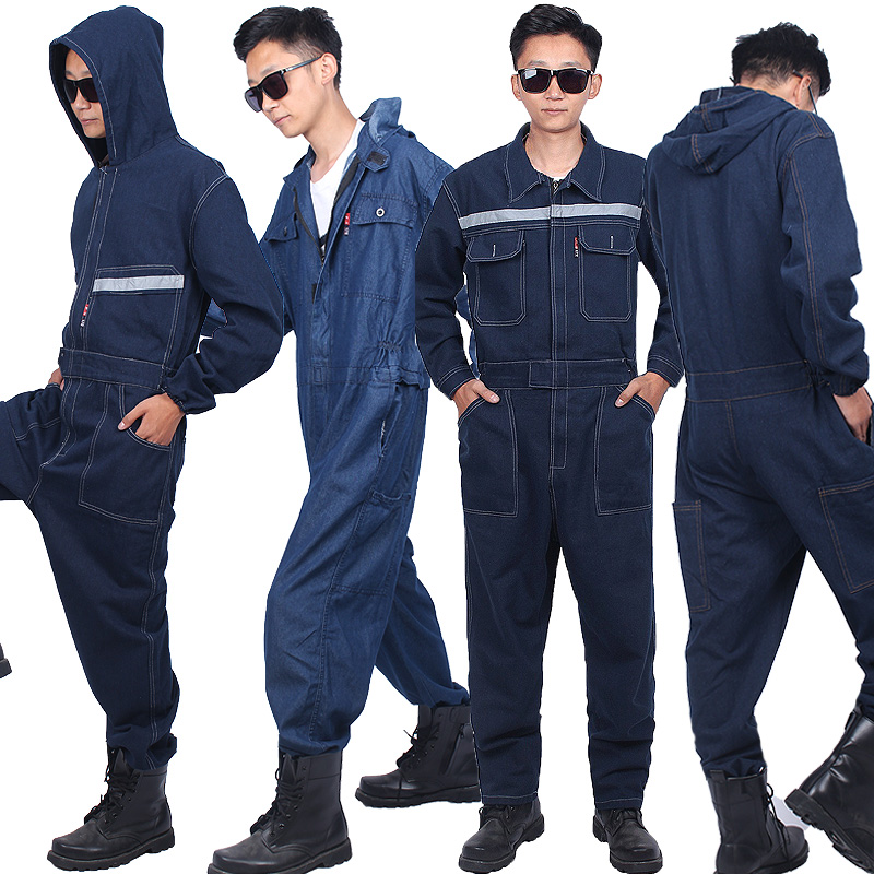 牛仔连体衣带帽工作服男电焊工劳保服装汽修搬运防烫纯棉防尘加厚