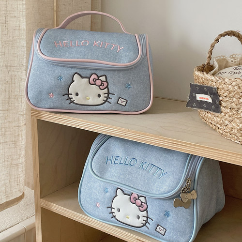 Hello Kitty牛仔刺绣化妆包大容量手提包出差旅行便携洗漱收纳包