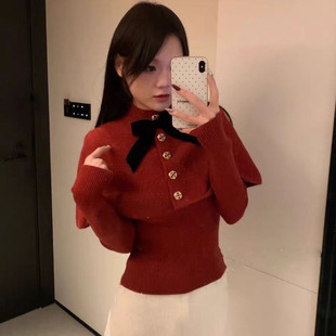 冬季圣诞新年氛围感蝴蝶结斗篷毛衣针织衫千金风百搭气质显瘦套装