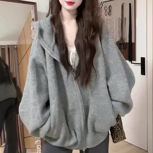 慵懒高级感连帽口袋拉链针织衫女