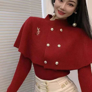 冬季新款高级感复古双排扣披肩斗篷针织衫千金名媛修身显瘦两件套