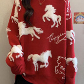 新年氛围感小马提花套头针织衫 女2026年新款 胖mm显瘦遮肉百搭上衣