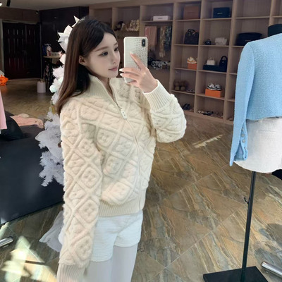 冬季新款慵懒风菱形提花拉链开衫