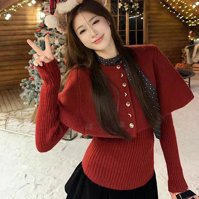 法式小香风波点飘带斗篷披肩上衣