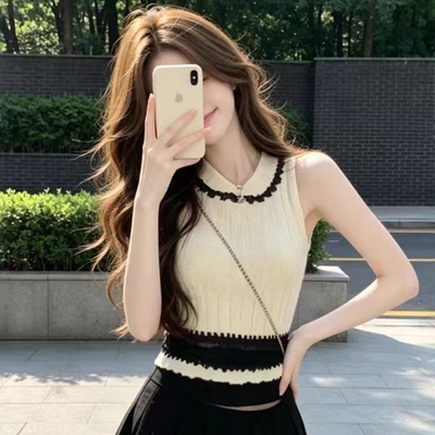 法式复古娃娃领蕾丝拼接背心女