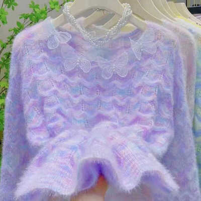 钉珠百搭蝴蝶慵懒风薄款宽松毛衣