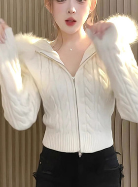 韩系麻花外套毛毛领连帽拉链针织开衫春秋冬新款修身显瘦显高上衣
