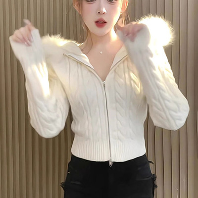 韩系麻花毛毛领连帽拉链针织开衫