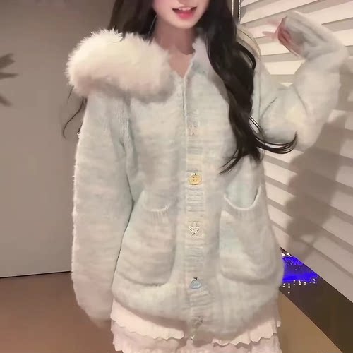 韩系温柔风渐变蓝大毛领针织衫女