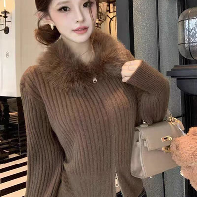 韩系复古毛领双拉链针织开衫女