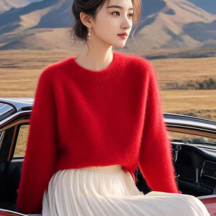 新年圣诞红色毛衣仿水貂绒圆领针织衫女秋冬新款宽松保暖内搭上衣