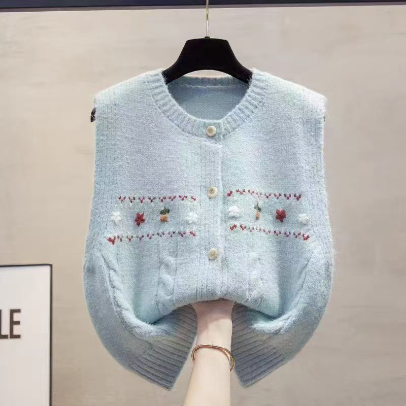 亿雪绒手工花开衫圆领针织马甲