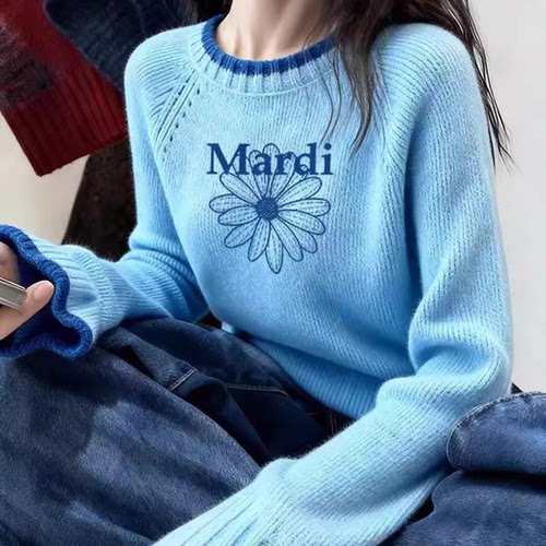 韩系设计感花朵字母提花针织衫女