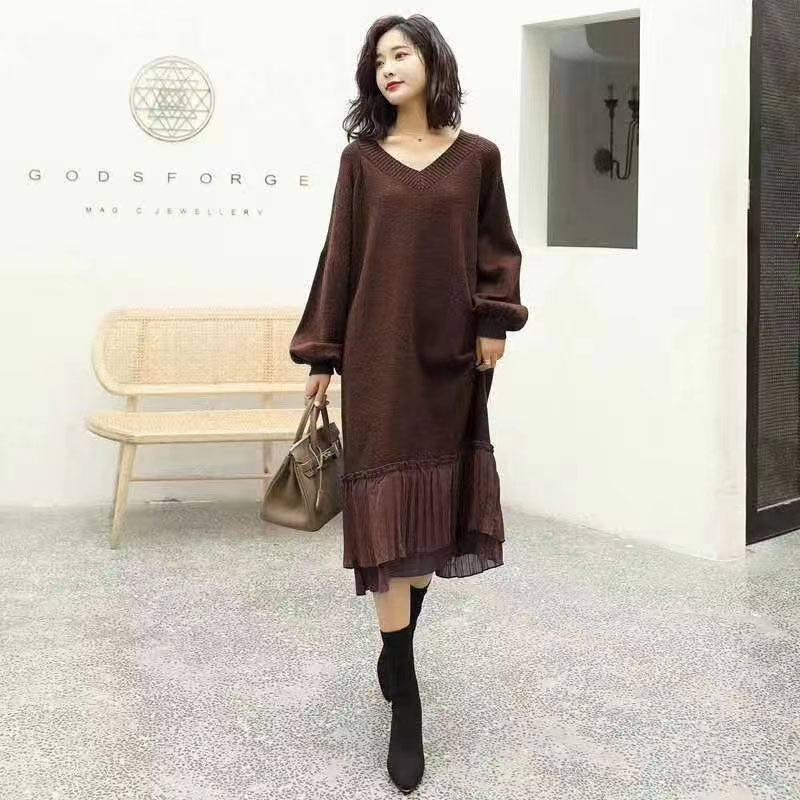 韩版东大门时尚连衣裙V领宽松秋冬中长内搭毛衣针织拼接毛线裙子,女装/女士精品,连衣裙,淘宝优惠券,粉丝福利购,淘宝优惠卷