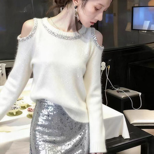 细闪小香风露肩亮片圆领套头内搭针织衫女高级感时尚气质显瘦上衣