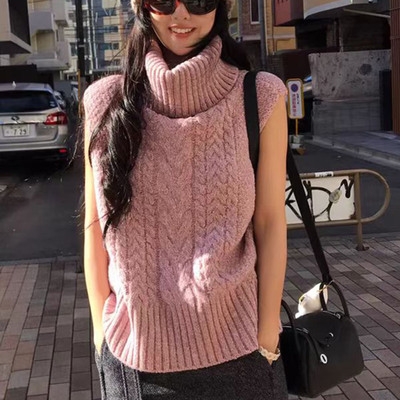 韩系高领麻花纹无袖针织马甲女