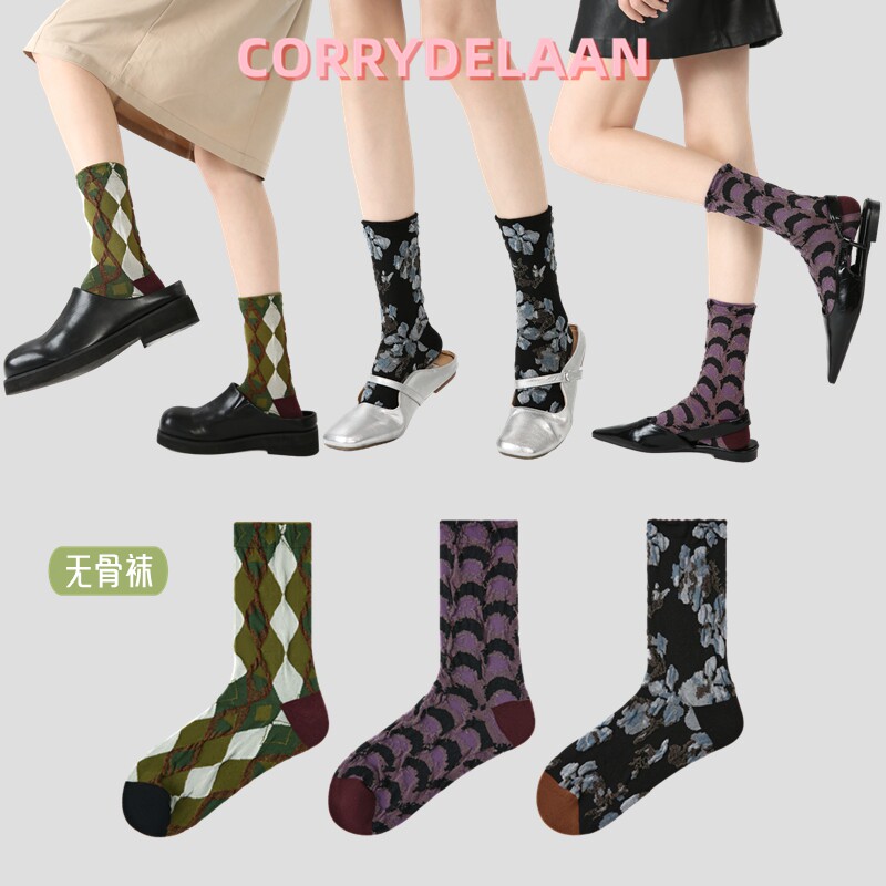 无骨长袜子女春秋ins潮日系网红小众设计感中筒袜浮雕花朵外穿袜