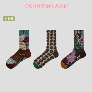 3双无骨长袜子女春秋ins日系网红小众设计感中筒袜复古浮雕外穿袜