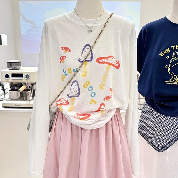 雪花棉夏季简约韩系薄款蘑菇创意宽松显瘦白色长袖T恤女防晒衫tee,女装/女士精品,T恤,淘宝优惠券,粉丝福利购,淘宝优惠卷