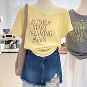 高级设计感小众百搭宽松短袖 雪花棉露肩斜肩薄款 透气法式 T恤女tee