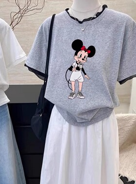 欧货米妮卡通印花短袖t恤女2025新款拼接蕾丝甜妹打底上衣浅灰色