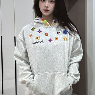 白灰色连帽卫衣女2025新款早秋季美式潮牌小个子花卉刺绣加绒外套