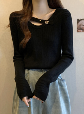 甜辣妹黑色内搭打底衫女春秋显瘦胖mm大码遮肚上衣高级感针织毛衣