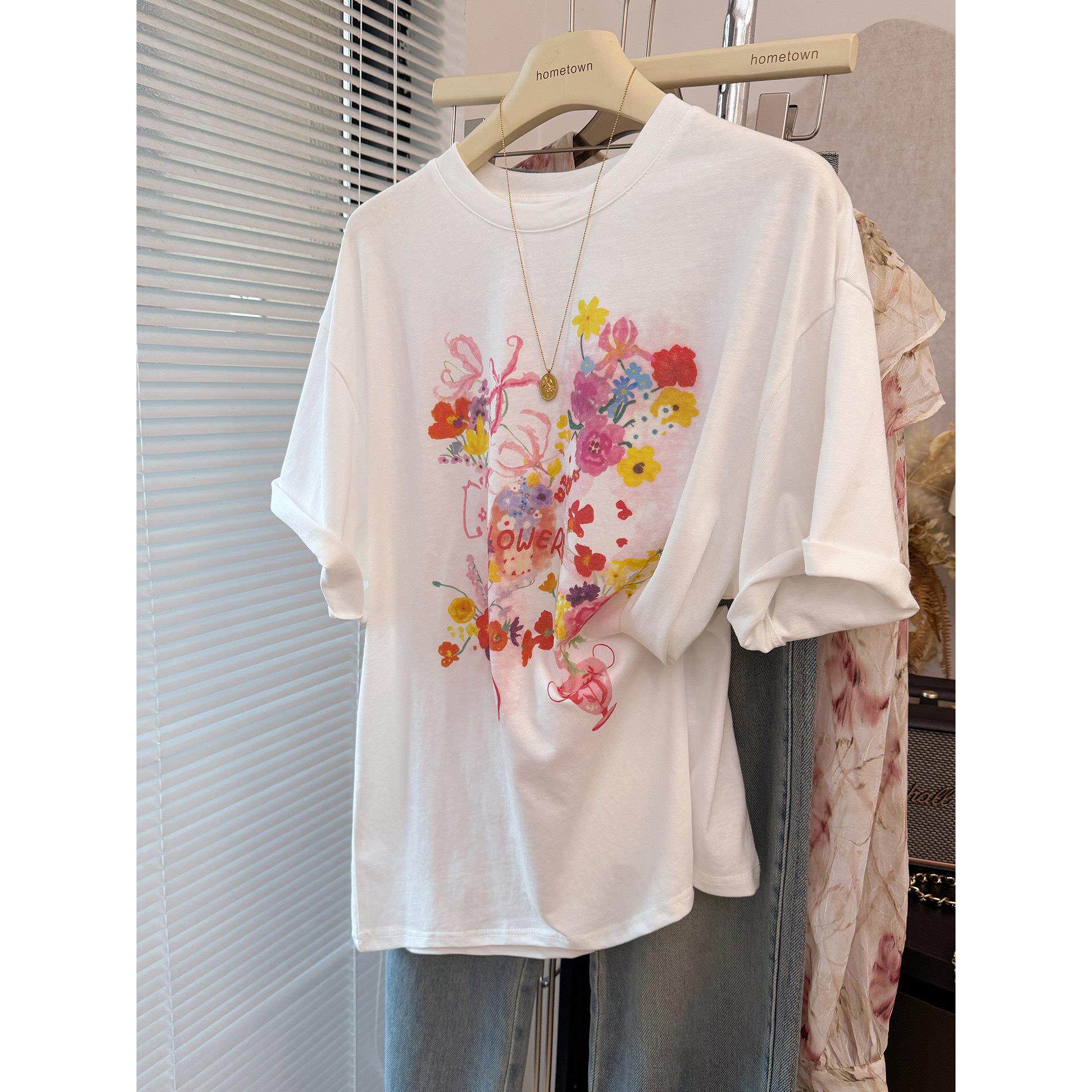纯棉松弛慵懒复古宽松显瘦大版白色碎花短袖T恤女垂感亲肤圆领tee