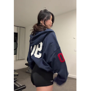 外套 美式 复古运动连帽卫衣女2025秋冬季 新款 小个子慵懒风拉链开衫