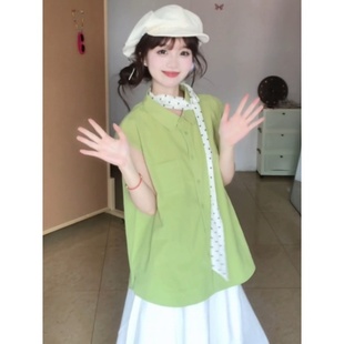 绿色显瘦Polo领无袖 日系文艺休闲衬衣翻领宽松坎肩上衣 衬衫 女夏季